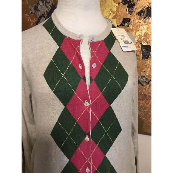 Greg Norman Women Collection Large Cotton Argyle Sweater Button Front NWT - Picture 3 of 8